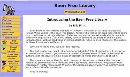 Baen Free Library: An archive of lots free downloadable ebooks and software 